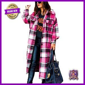 Oversized Plaid Shacket Long Sleeve Lapel Button Up Chic Retro Loose Fit